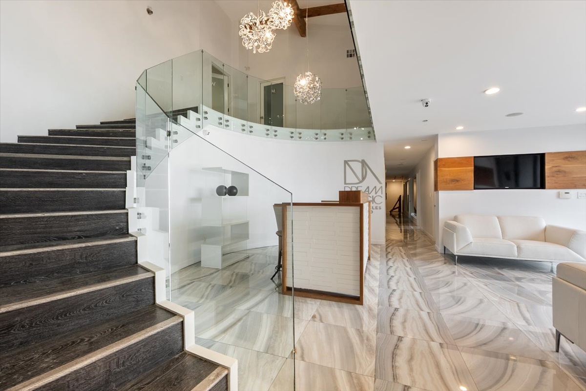 Marble lobby and staircase at Dream Magic Studios